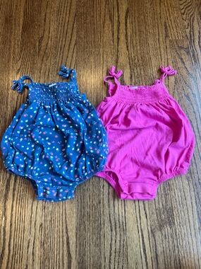 GAP Baby Girl Tie-Shoulder Rompers - Blue Polka Dot & Hot Pink 6-12m